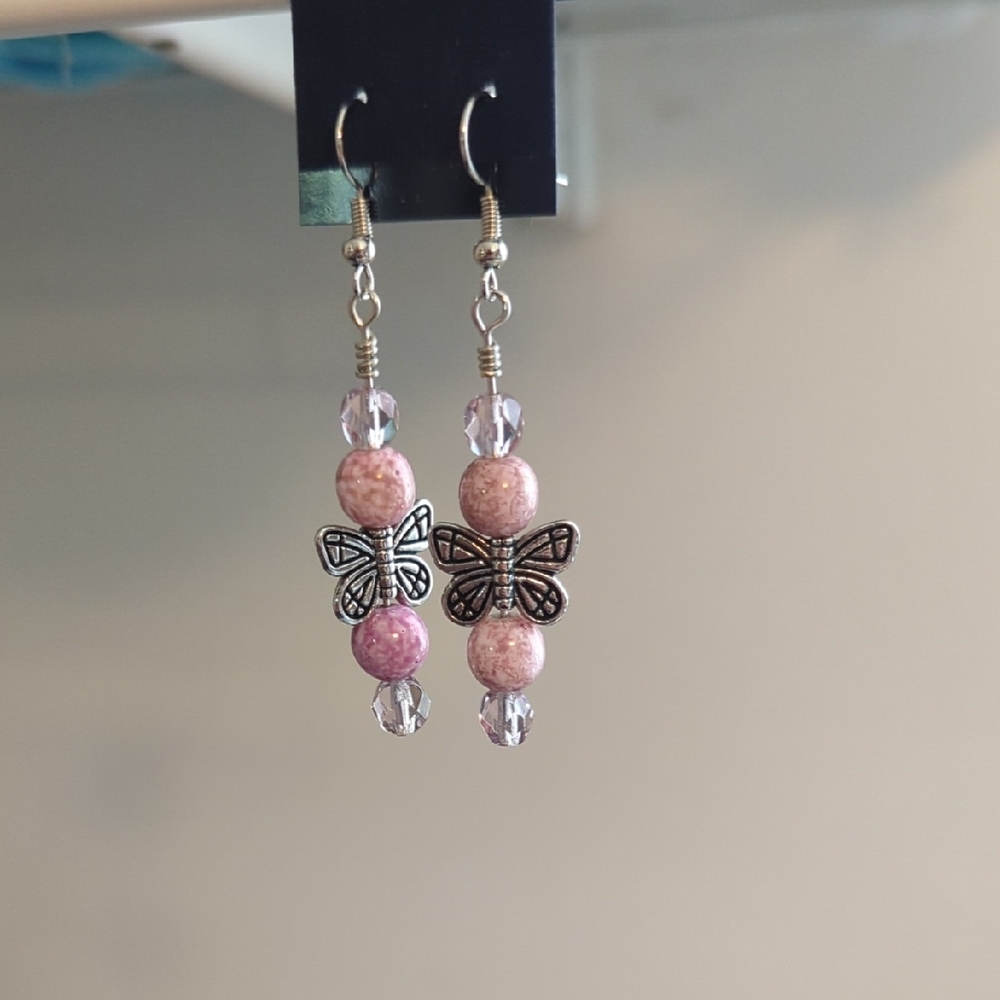 Pink and Silver Butterfly Charm Earrings
